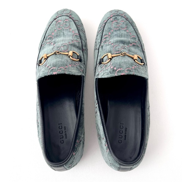 GUCCI | Jordaan Horsebit Velvet Monogram Loafers Flats Green Pink GG Logo US 9 - Picture 7 of 11